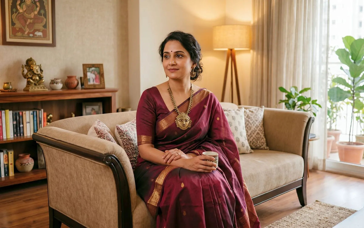 Indian woman wearing handcrafted Dhokra brass tribal necklace and earrings in a modern Indian home