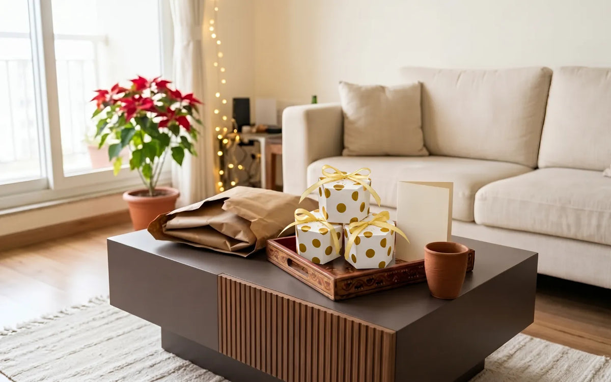 Handcrafted festive gifts on a wooden table in a bright Indian living room: terracotta tea cups, a hand-painted tray and a blank card beside an opened parcel, with soft fairy lights behind.