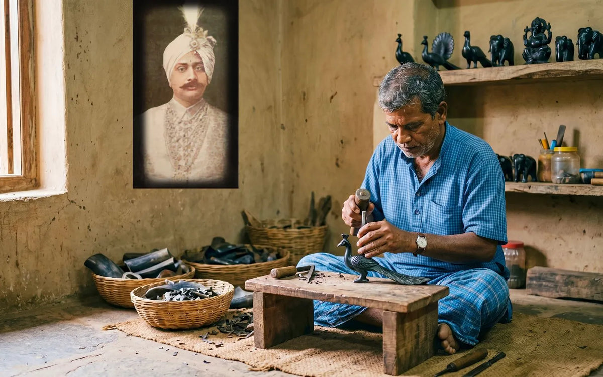 Artisan hands carving and polishing a horn craft figurine in Paralakhemundi, Odisha
