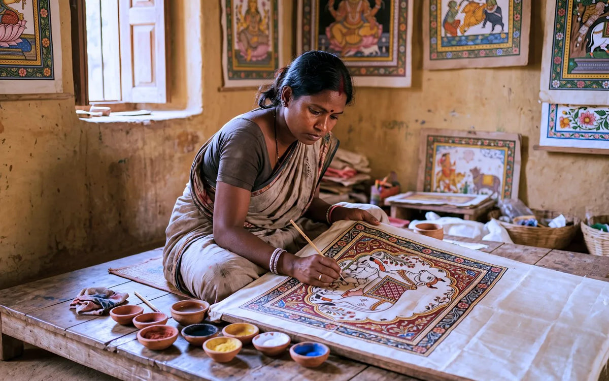 Chitrakar artisan hand painting Pattachitra motifs on Tussar silk saree with natural pigments