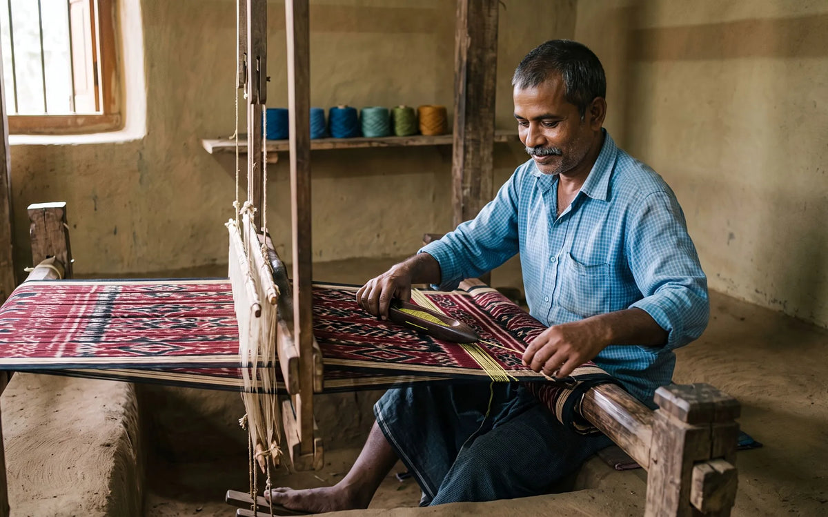 Sambalpuri weaver working at a pit loom in Bargarh, creating ikat bandha saree