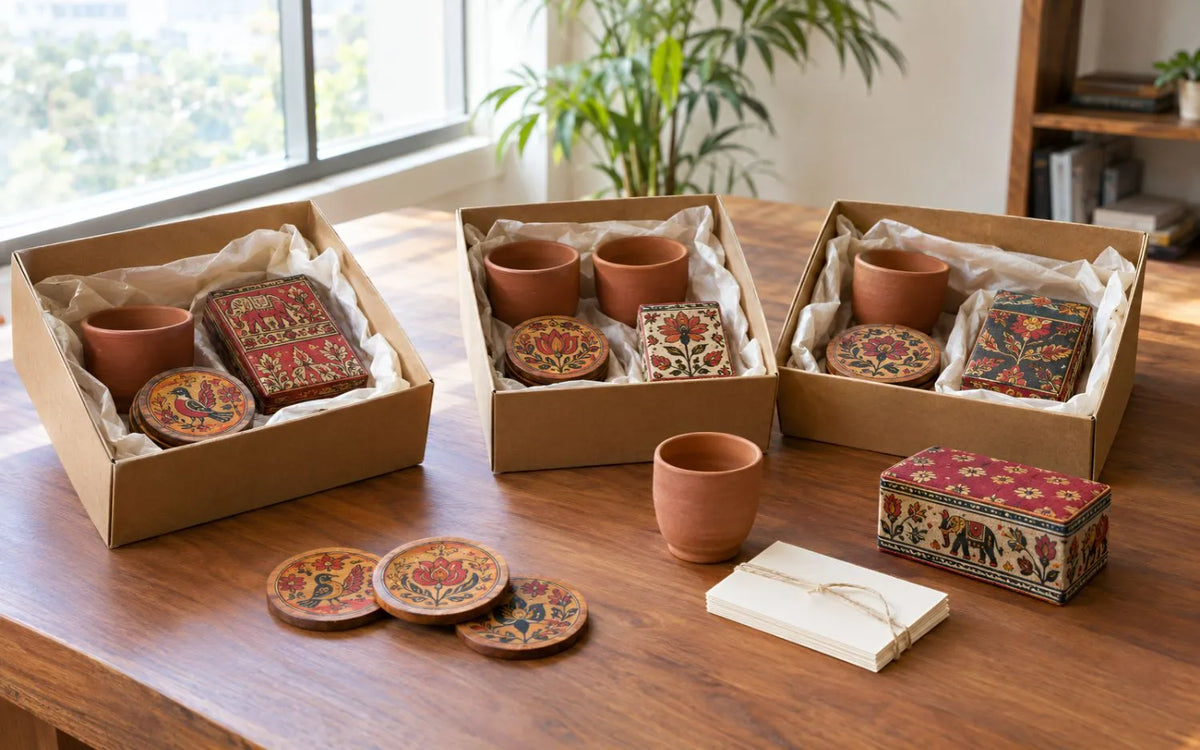 Handcrafted gift items set out on a wooden table for a corporate gifting order: terracotta tea cups, painted coasters, a storage box and a blank card