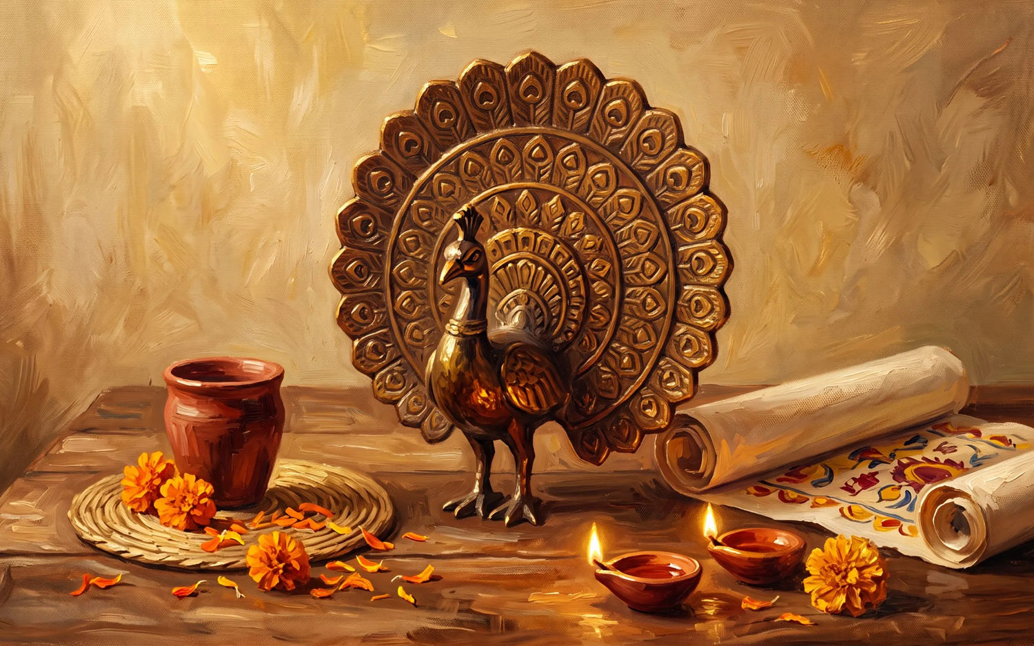 Handcrafted Indian Diwali gifts including Dhokra brass figurine, terracotta cup and Pattachitra painting arranged on wooden surface