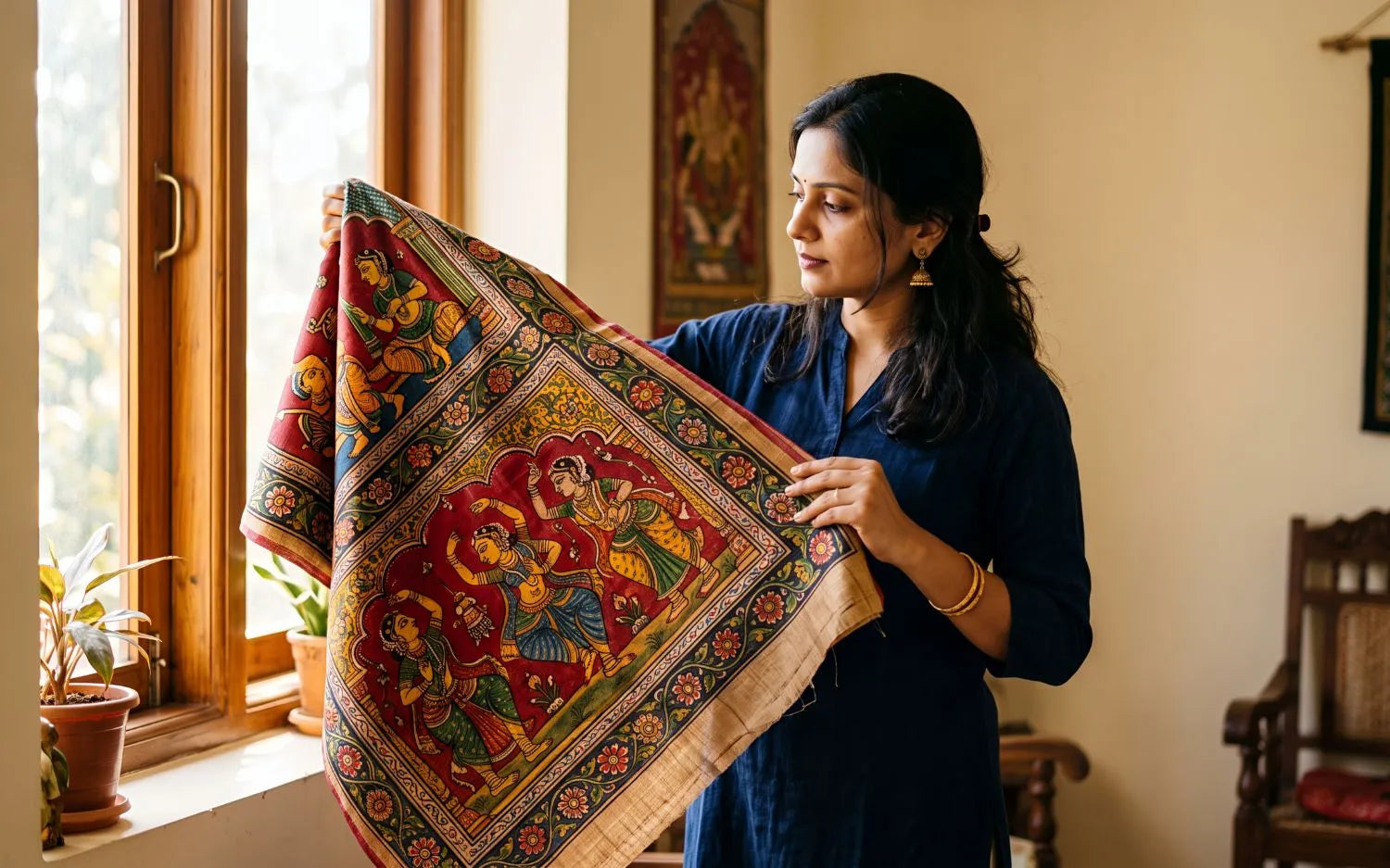Indian woman holding a hand painted Pattachitra silk saree with traditional motifs in natural light