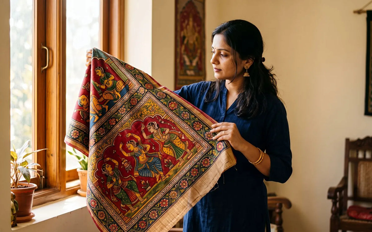 Indian woman holding a hand painted Pattachitra silk saree with traditional motifs in natural light
