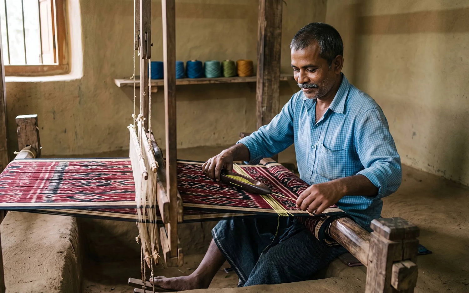 Sambalpuri weaver working at a pit loom in Bargarh, creating ikat bandha saree