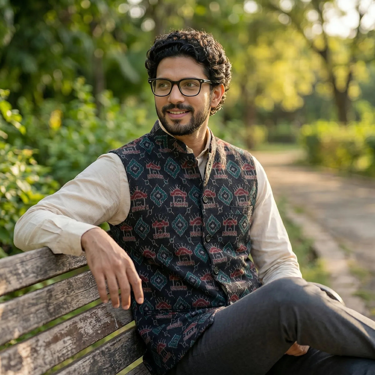 Handwoven Sambalpuri Cotton Nehru Jacket | Black Colour Body with Tribal Design