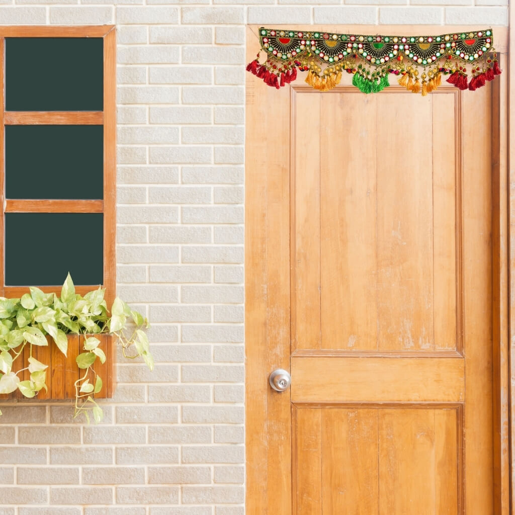 Applique Craft | Door Hanging Velvet Toran - Maroon BG (Design 1) - Taalapatra
