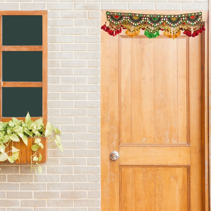 Applique Craft | Door Hanging Velvet Toran - Maroon BG (Design 1) - Taalapatra