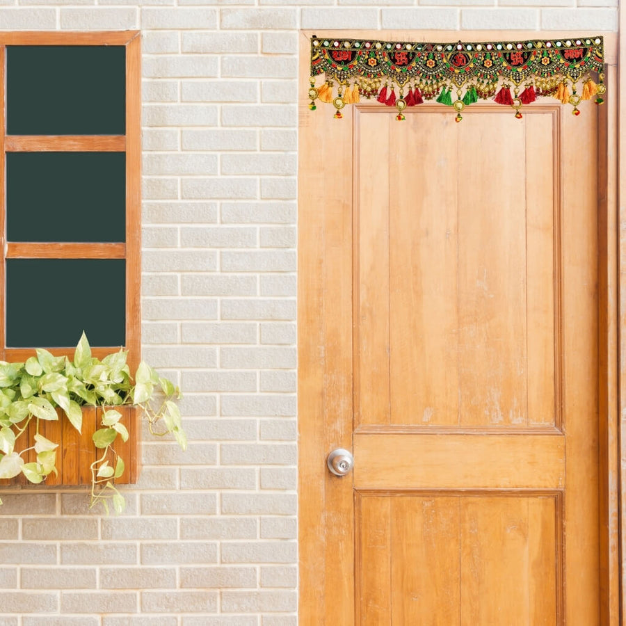 Applique Craft | Door Hanging Velvet Toran - Maroon BG (Design 2) - Taalapatra