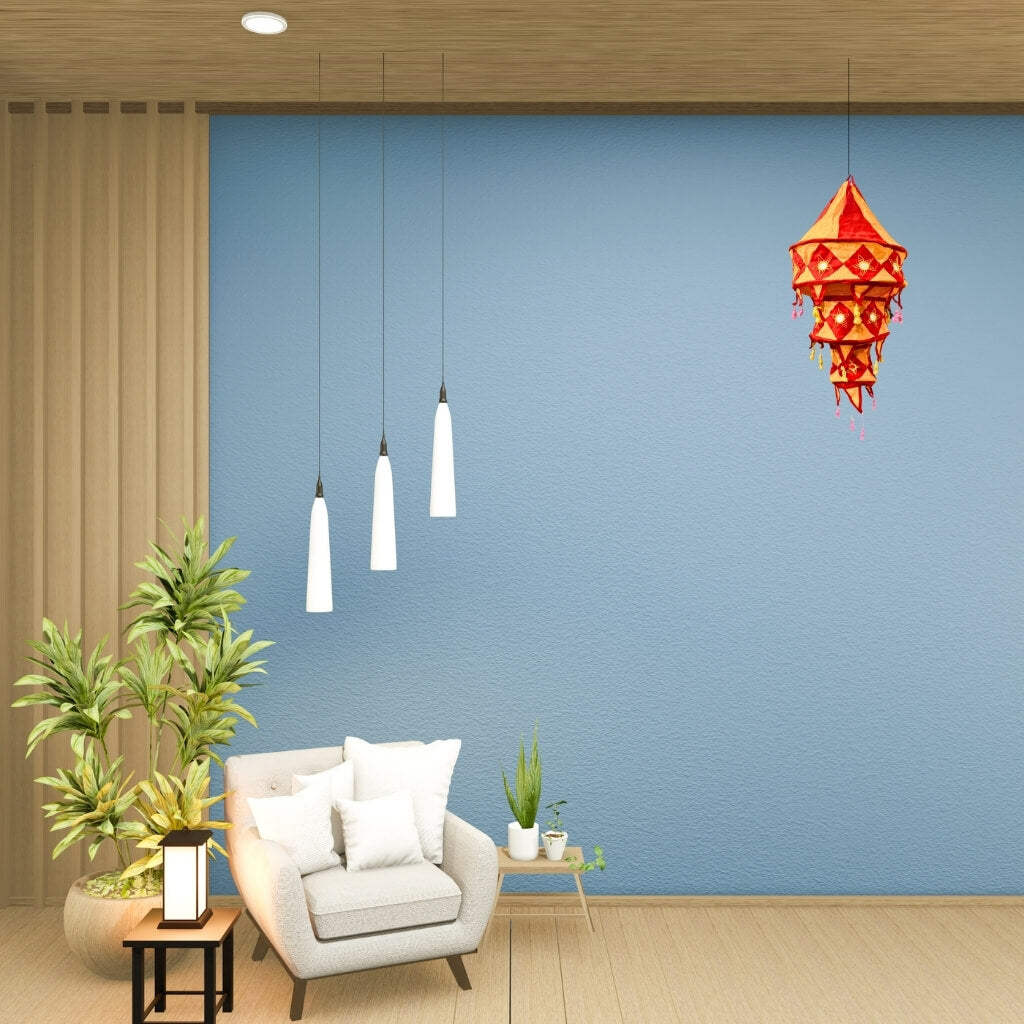 Applique Craft | Cotton Hanging Lamp - Round (Yellow & Red) - Taalapatra Vibes