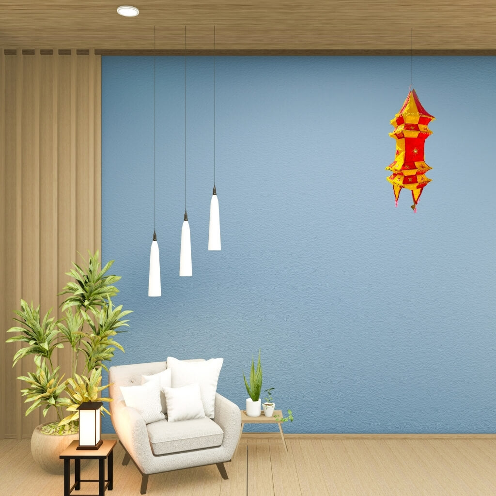 Applique Craft | Cotton Hanging Lamp - Square (Yellow & Red) - Taalapatra Vibes