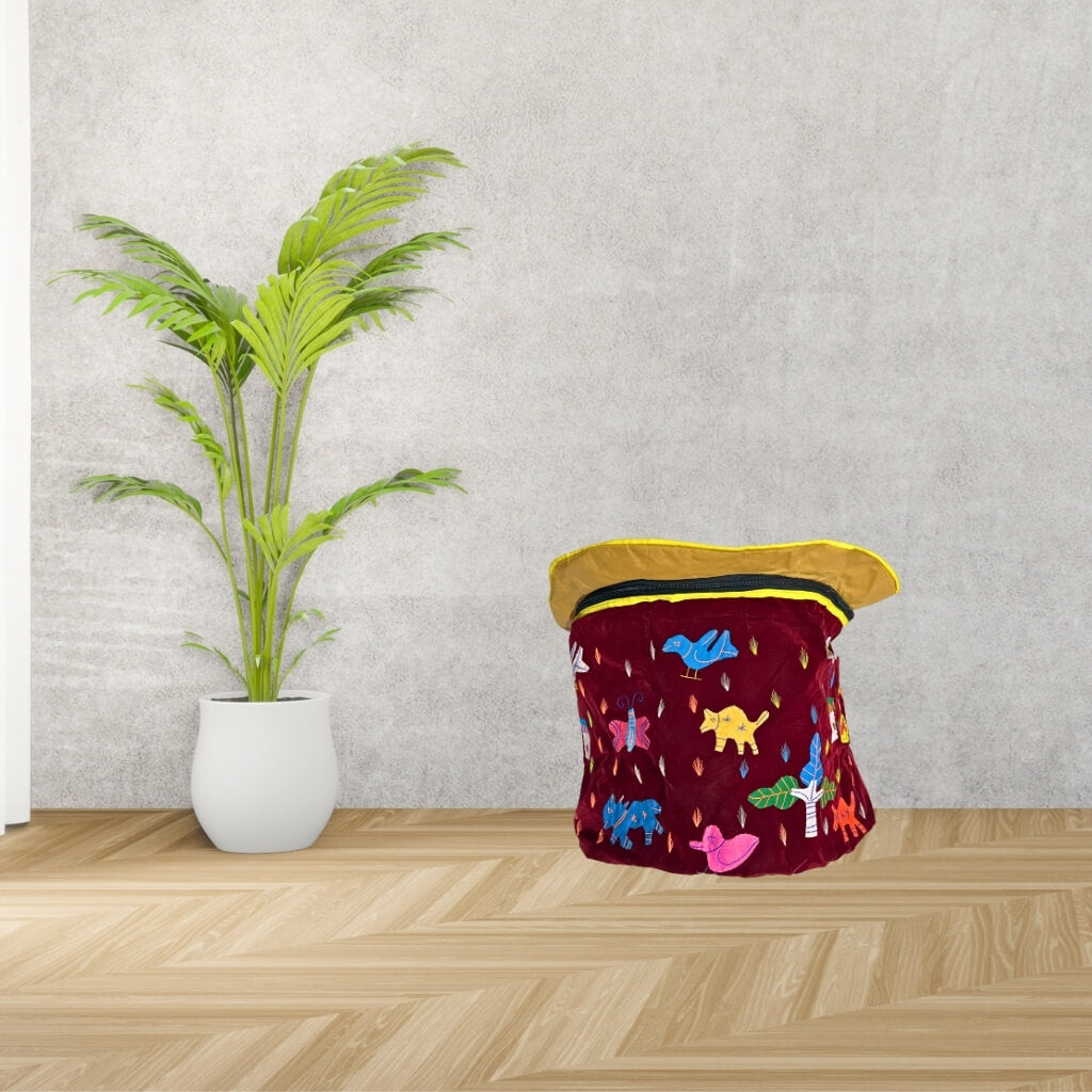 Applique Storage | Velvet Laundry / Storage Bag - 41 L (Maroon) - Taalapatra Vibes