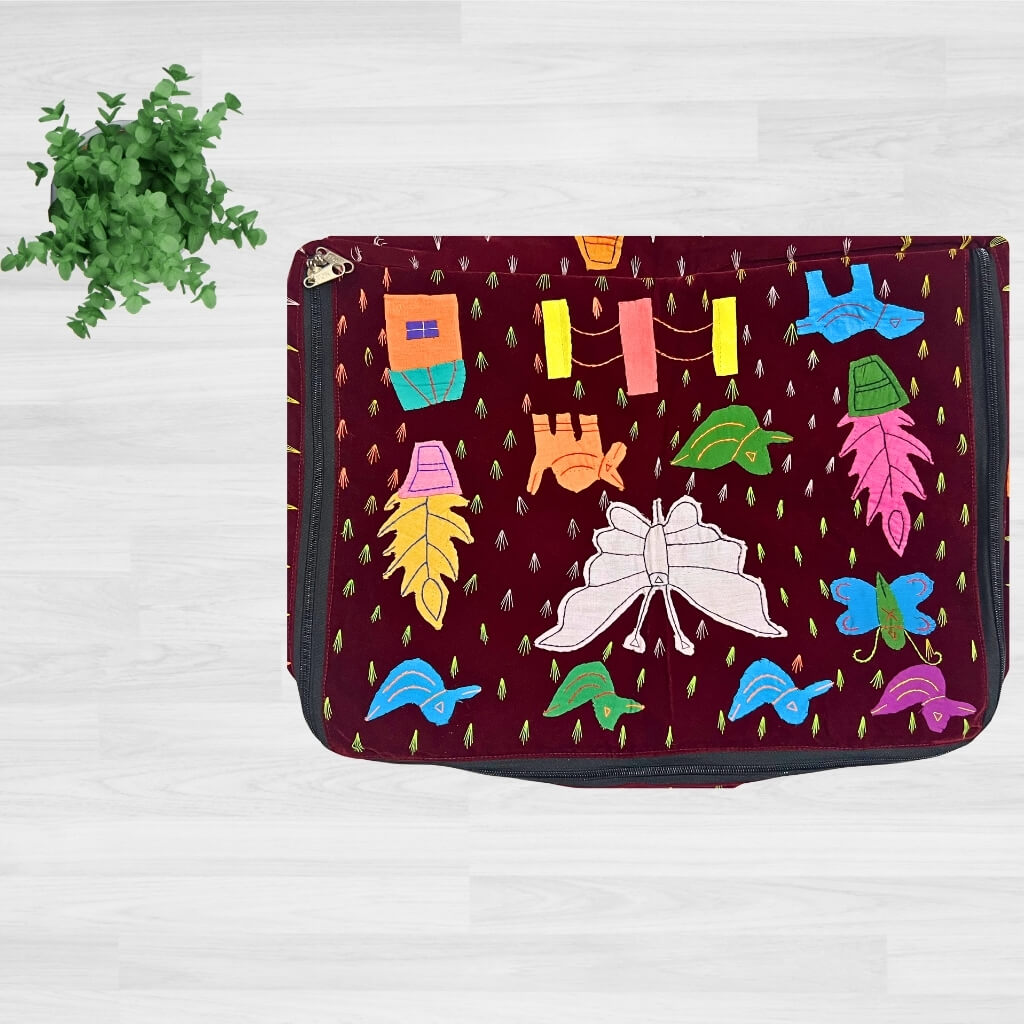 Applique Storage | Velvet Saree & Dress Briefcase / Carry Bag with 6 Compartments (Maroon) - Taalapatra