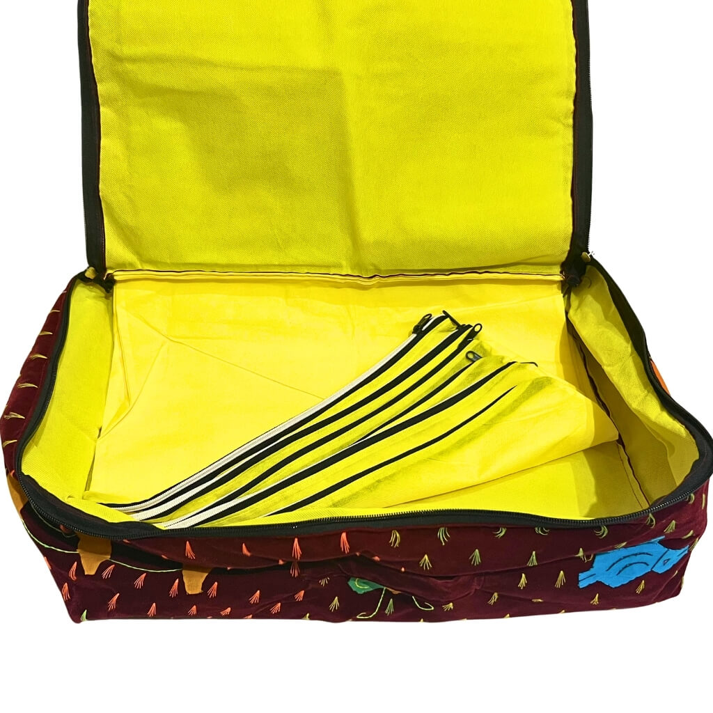 Applique Storage | Velvet Saree & Dress Briefcase / Carry Bag with 6 Compartments (Maroon) - Taalapatra