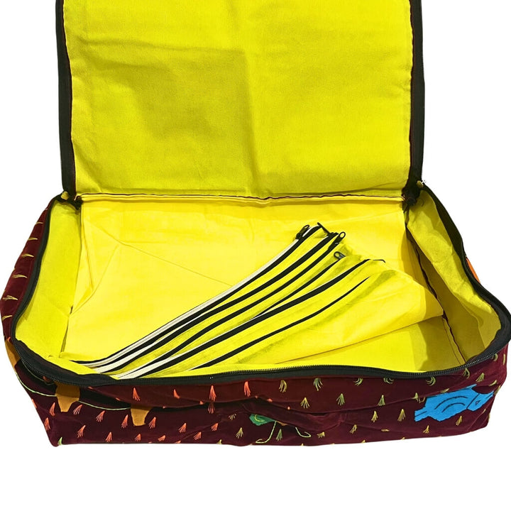 Applique Storage | Velvet Saree & Dress Briefcase / Carry Bag with 6 Compartments (Maroon) - Taalapatra