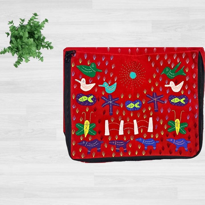 Applique Storage | Velvet Saree & Dress Briefcase / Carry Bag with 6 Compartments (Red) - Taalapatra