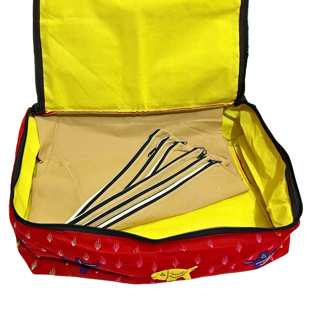 Applique Storage | Velvet Saree & Dress Briefcase / Carry Bag with 6 Compartments (Red) - Taalapatra Vibes