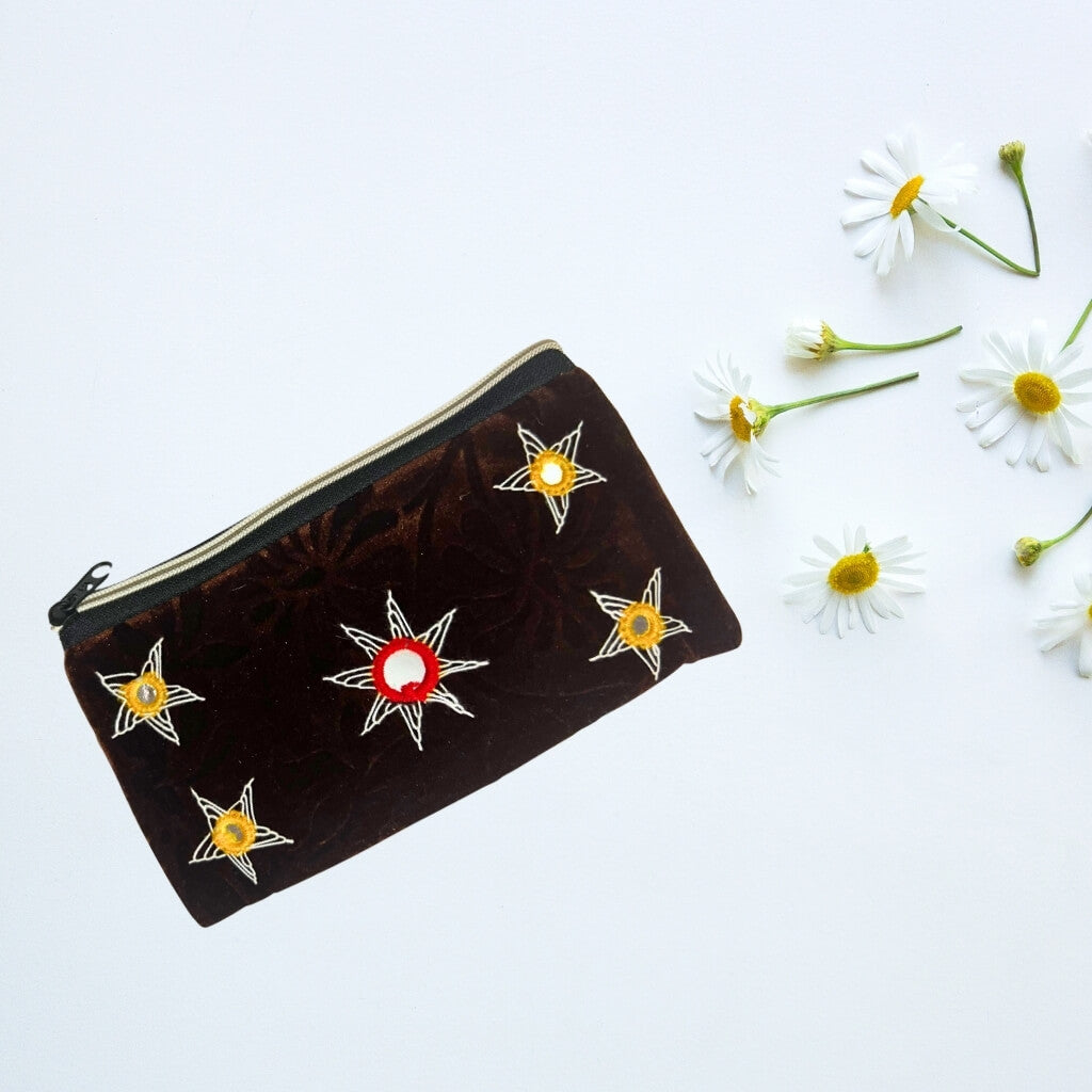 Applique Storage | Velvet Hand Purse / Vanity Case - Small (Choco Brown) - Taalapatra Vibes