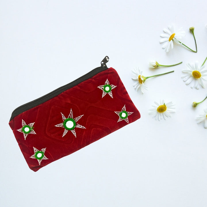 Applique Storage | Velvet Hand Purse / Vanity Case - Small (Deep Red) - Taalapatra