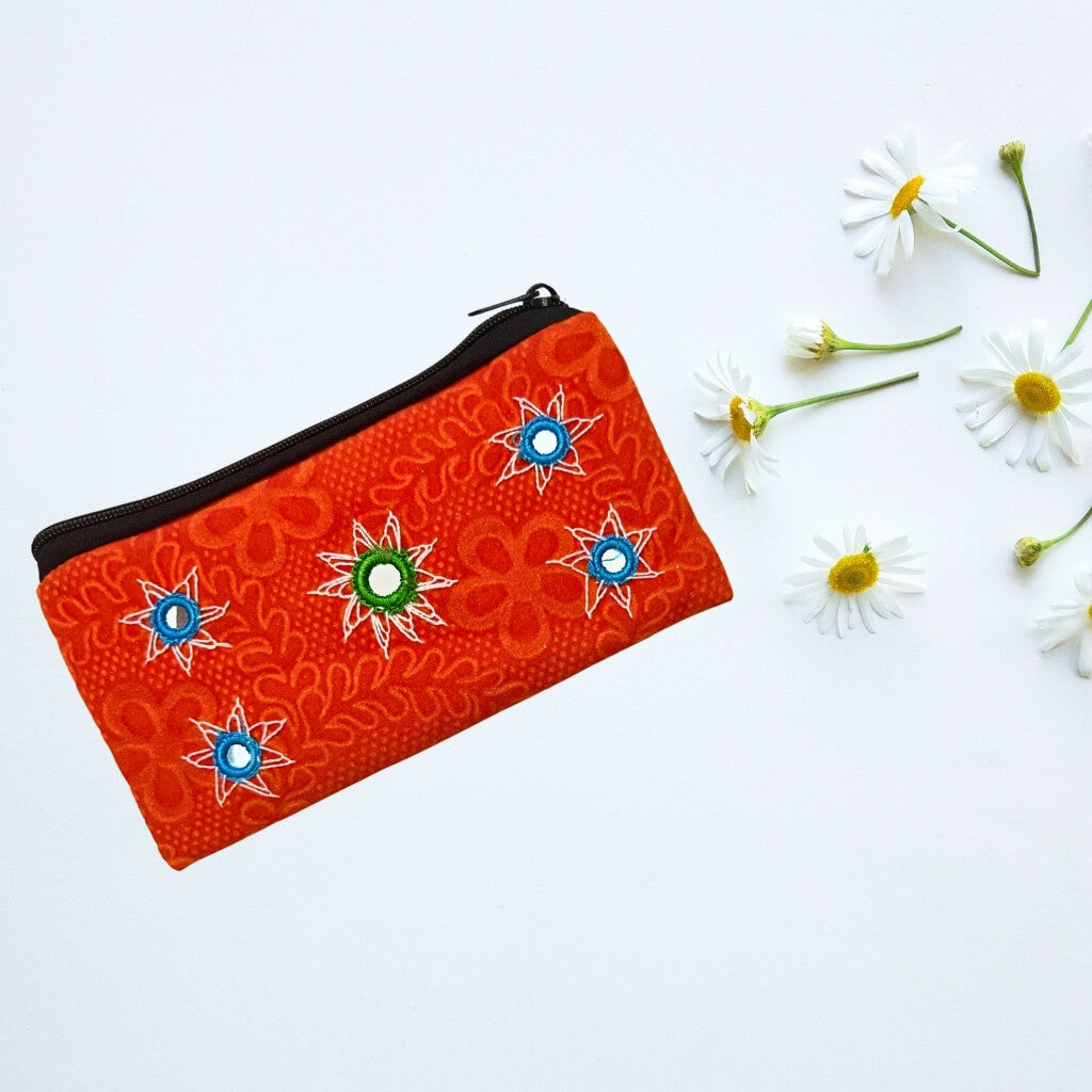 Applique Storage | Velvet Hand Purse / Vanity Case - Small (Orange) - Taalapatra Vibes