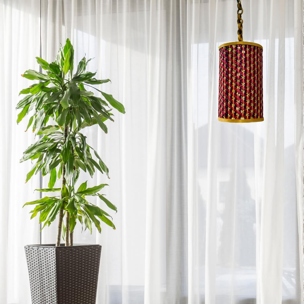 Bamboo Craft | Hanging Cylindrical Lamp (Pink, Blue & Natural) - Taalapatra Vibes