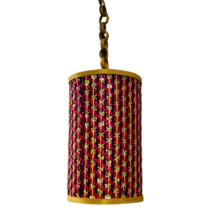 Bamboo Craft | Hanging Cylindrical Lamp (Pink, Blue & Natural) - Taalapatra
