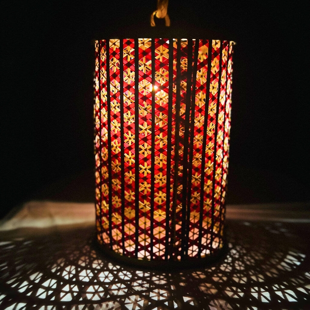 Bamboo Craft | Hanging Cylindrical Lamp (Pink, Blue & Natural) - Taalapatra Vibes