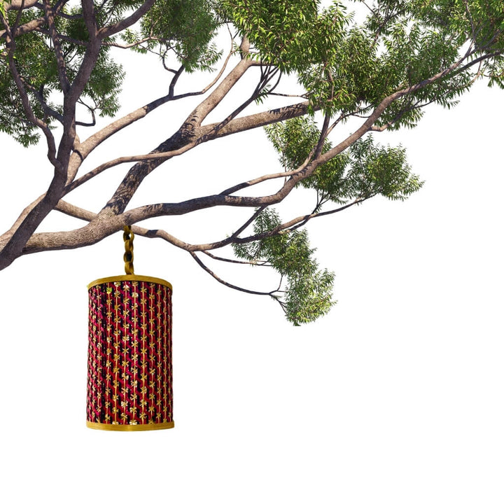 Bamboo Craft | Hanging Cylindrical Lamp (Pink, Blue & Natural) - Taalapatra