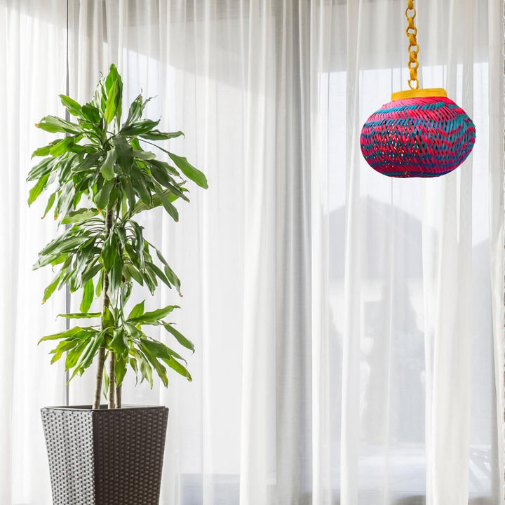 Bamboo Craft | Hanging Oval Lamp (Pink & Green) - Taalapatra