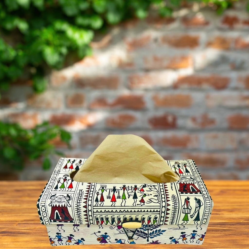 Bamboo Craft | Fabric Wrapped Tissue Box - Tribal Art (Design 1) - Taalapatra Vibes