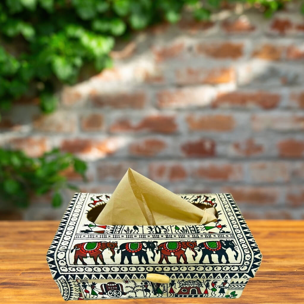 Bamboo Craft | Fabric Wrapped Tissue Box - Tribal Art (Design 2) - Taalapatra Vibes