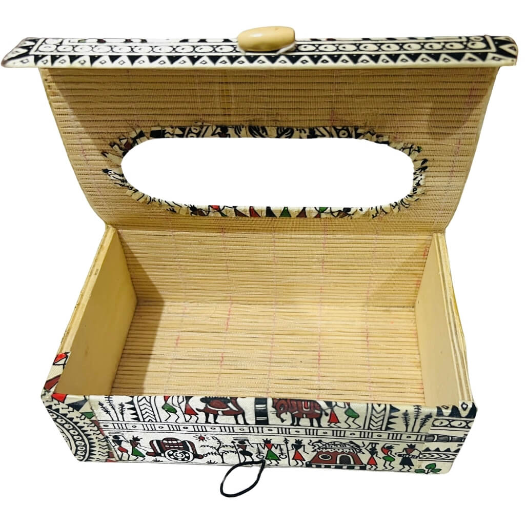 Bamboo Craft | Fabric Wrapped Tissue Box - Tribal Art (Design 2) - Taalapatra Vibes