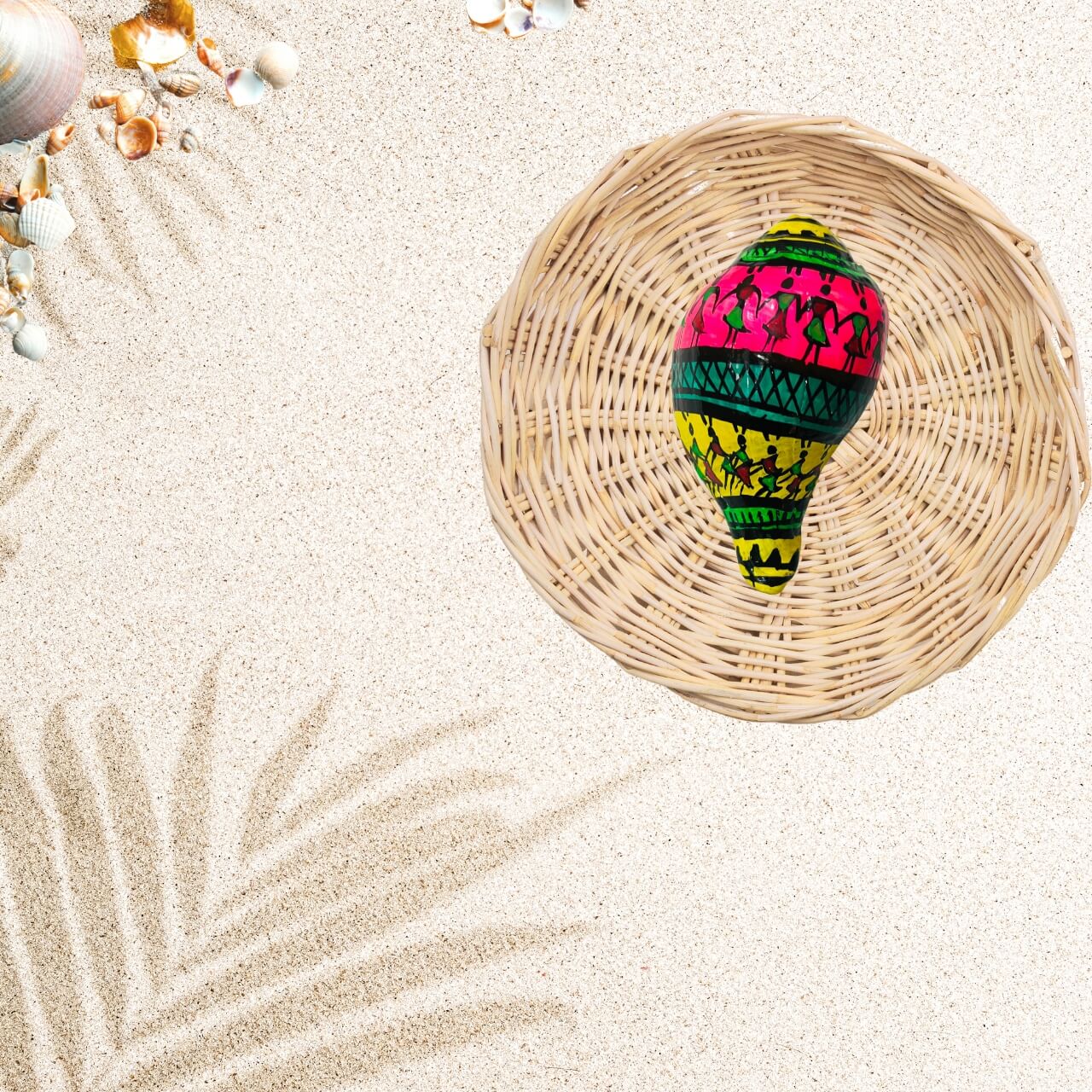 Shell Craft | Hand Painted Tribal Art on Sankha / Conch - Multicolour (Design 2) - Taalapatra Vibes