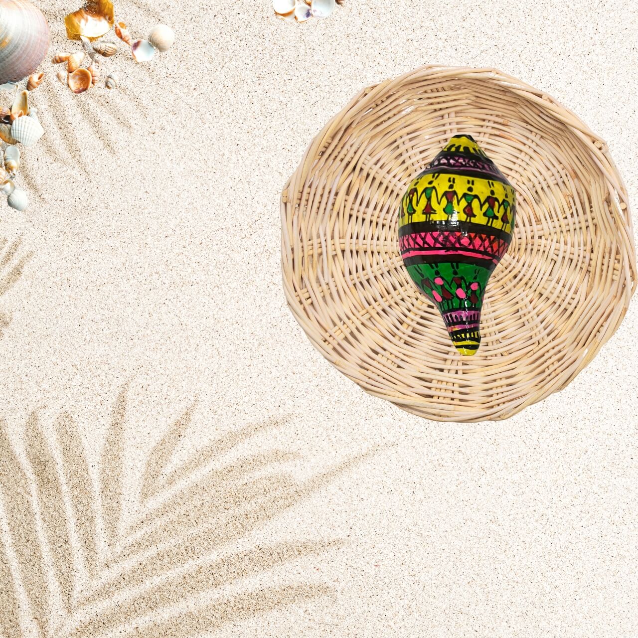 Shell Craft | Hand Painted Tribal Art on Sankha / Conch - Multicolour (Design 3) - Taalapatra Vibes