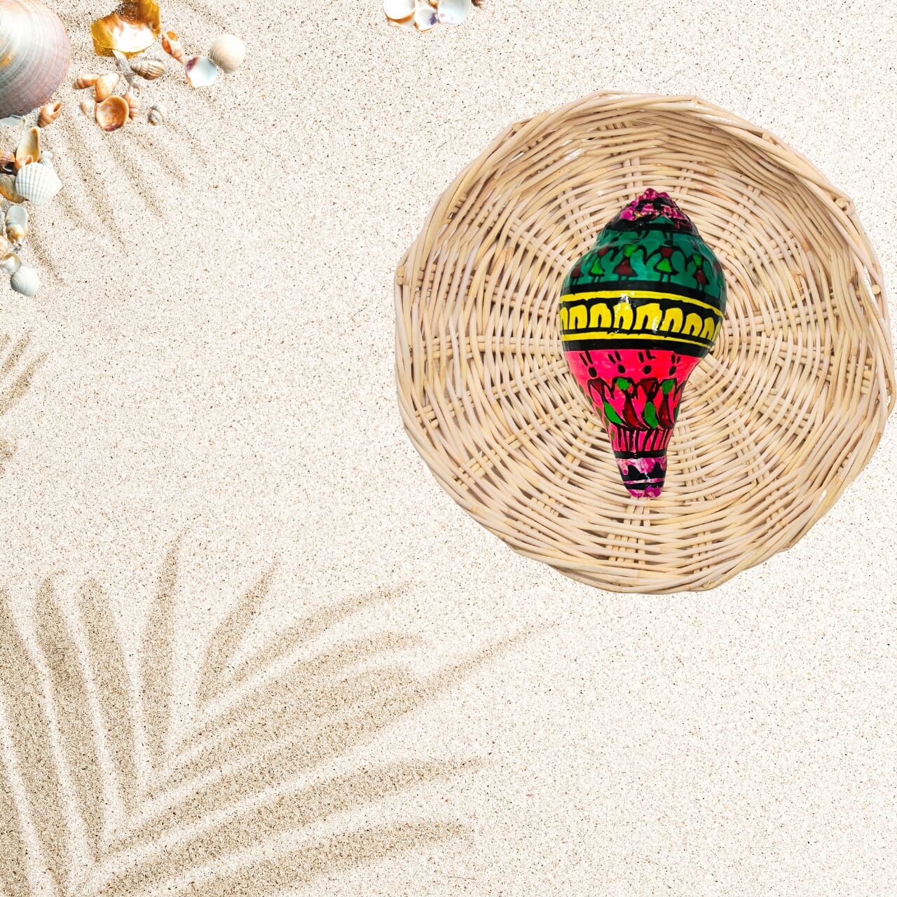 Shell Craft | Hand Painted Tribal Art on Sankha / Conch - Multicolour (Design 4) - Taalapatra Vibes