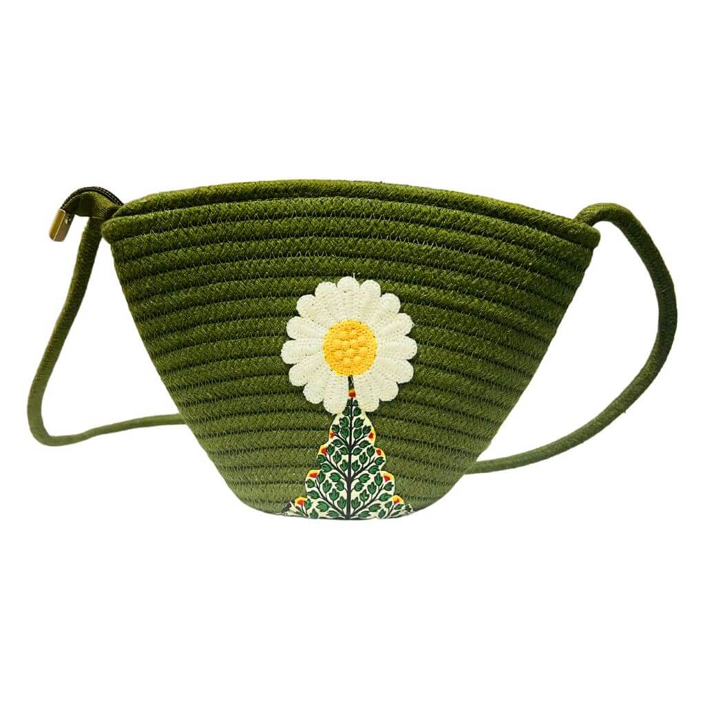 Cotton Sling Bag | Bucket Style (flexi strap) - Dark Olive Green - Taalapatra Vibes