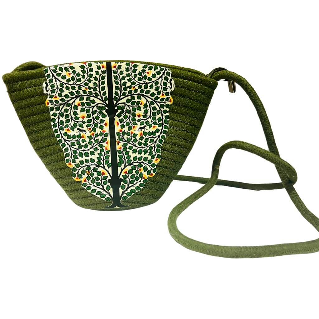 Cotton Sling Bag | Bucket Style (flexi strap) - Dark Olive Green - Taalapatra Vibes