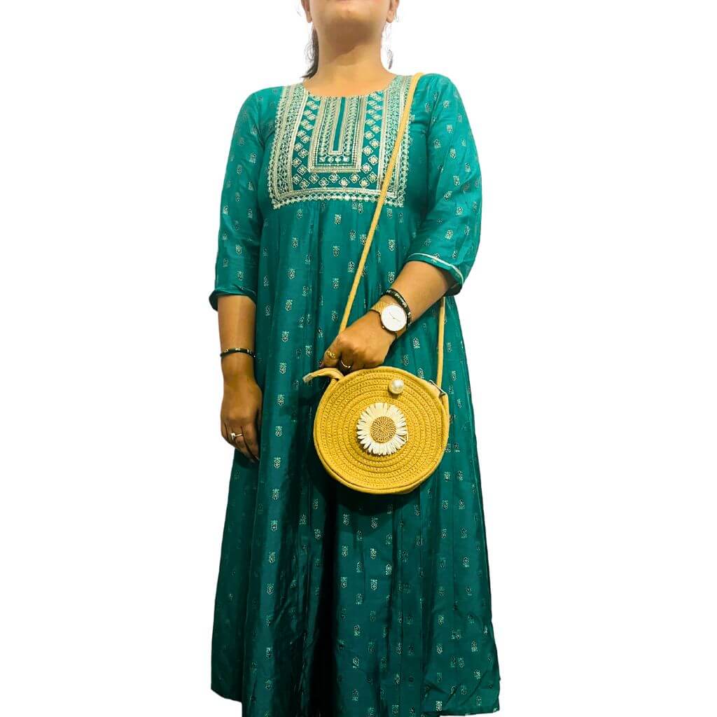 Cotton Sling Bag | Round (flexi strap) - Light Yellow (Floral Design) - Taalapatra Vibes