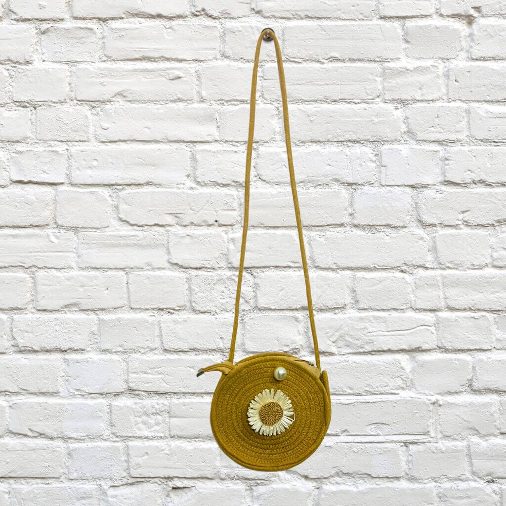 Cotton Sling Bag | Round (flexi strap) - Light Yellow (Floral Design) - Taalapatra