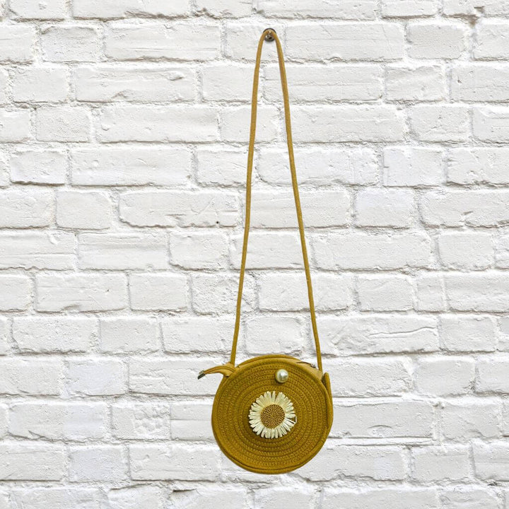 Cotton Sling Bag | Round (flexi strap) - Light Yellow (Floral Design) - Taalapatra