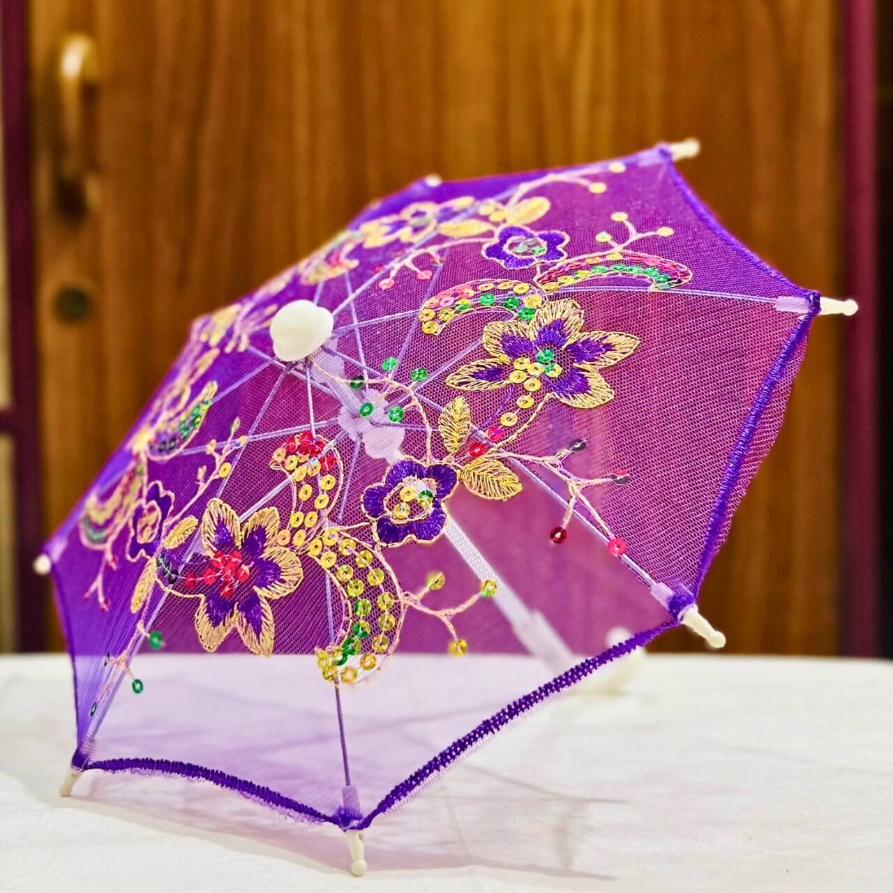Handwoven Mesh Umbrella with Applique Work - Baby Size (Magenta) - Taalapatra Vibes