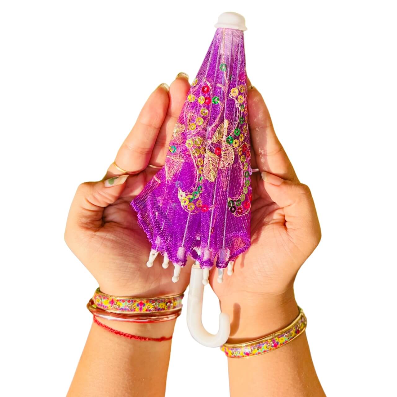 Handwoven Mesh Umbrella with Applique Work - Baby Size (Magenta) - Taalapatra Vibes