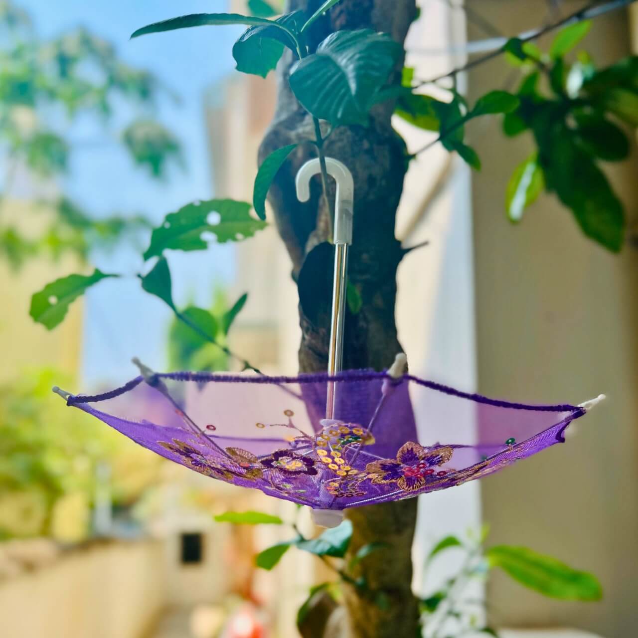 Handwoven Mesh Umbrella with Applique Work - Baby Size (Magenta) - Taalapatra Vibes