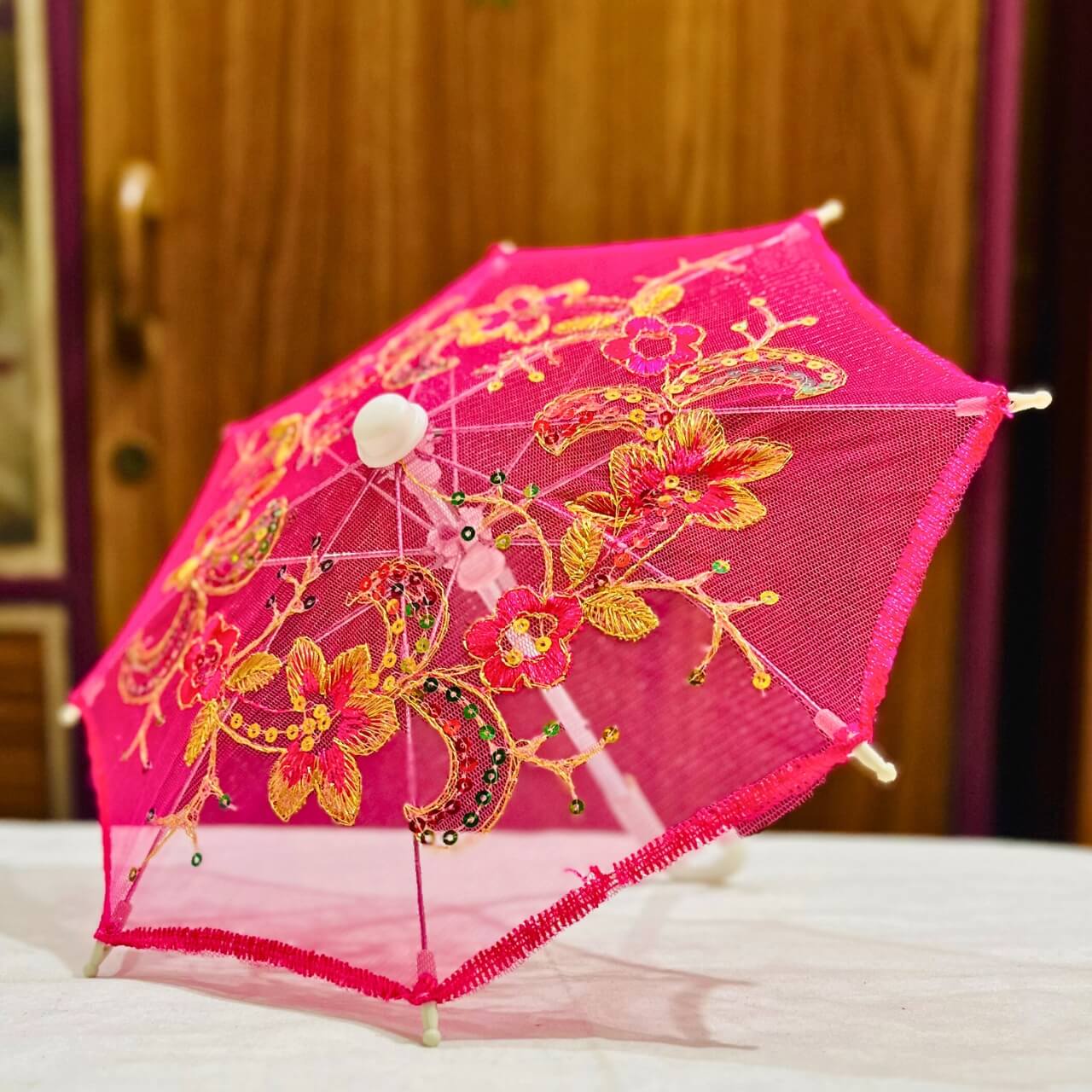 Handwoven Mesh Umbrella with Applique Work - Baby Size (Bright Pink) - Taalapatra Vibes