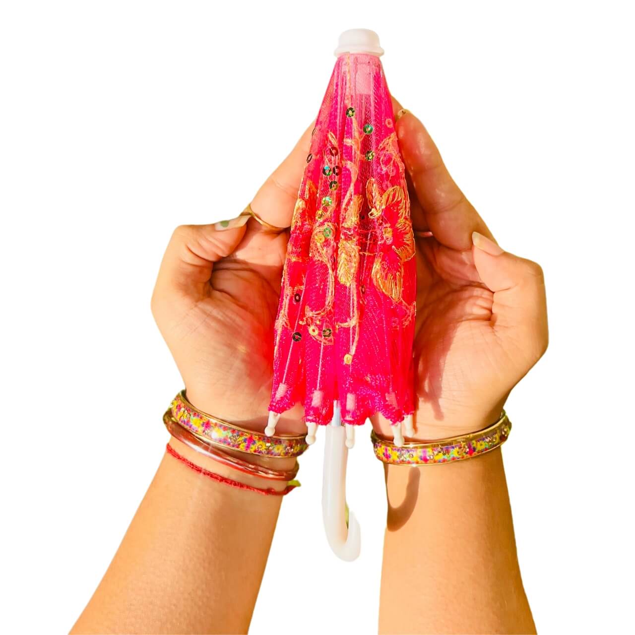 Handwoven Mesh Umbrella with Applique Work - Baby Size (Bright Pink) - Taalapatra Vibes