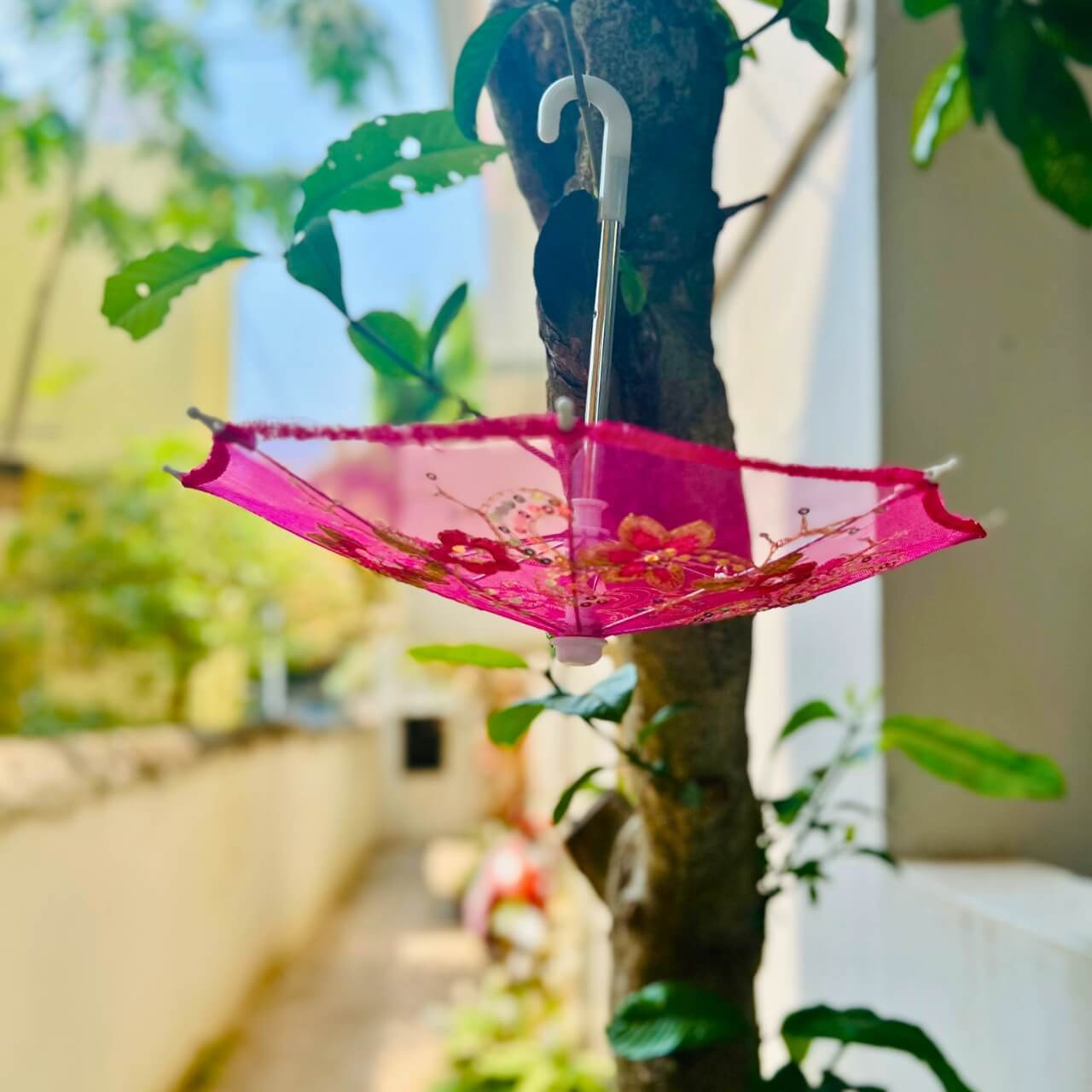 Handwoven Mesh Umbrella with Applique Work - Baby Size (Bright Pink) - Taalapatra Vibes