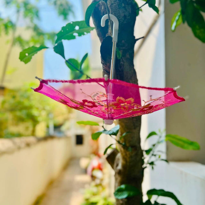 Handwoven Mesh Umbrella with Applique Work - Baby Size (Bright Pink) - Taalapatra