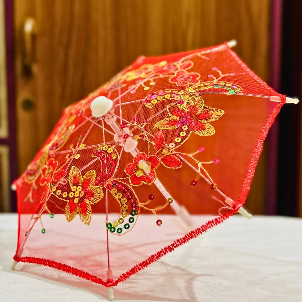 Handwoven Mesh Umbrella with Applique Work - Baby Size (Red) - Taalapatra Vibes
