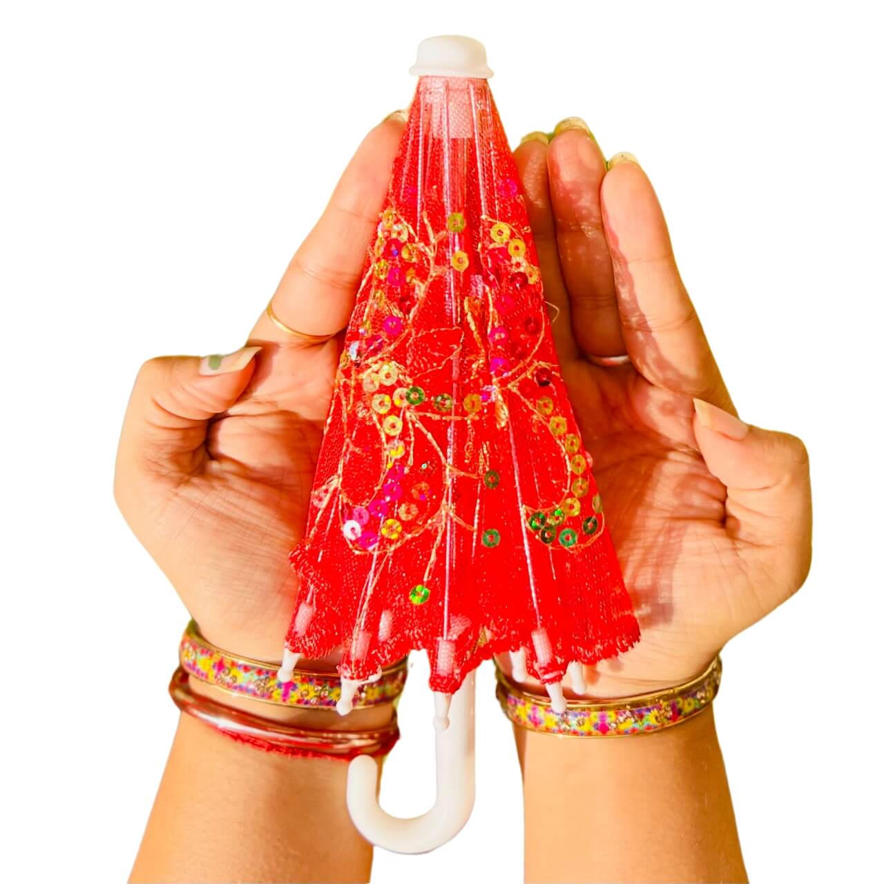 Handwoven Mesh Umbrella with Applique Work - Baby Size (Red) - Taalapatra Vibes